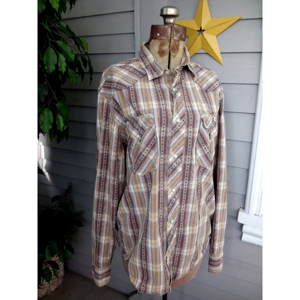 Lucky Brand western style pearl snap brown & navy blue plaid shirt Womens M - Picture 1 of 12